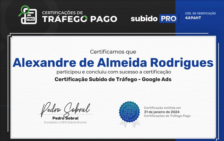 Certificação Subido de Tráfego em Google Ads em nome de Alexandre de Almeida Rodrigues, emitida em 31 de janeiro de 2024